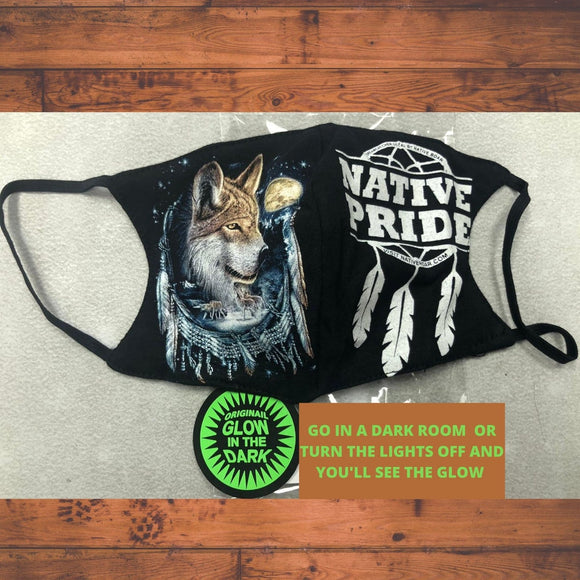 Wolf Dreamcatcher face mask/Glow in the dark/3D graphic print/2 Layers open pocket/Native American pride