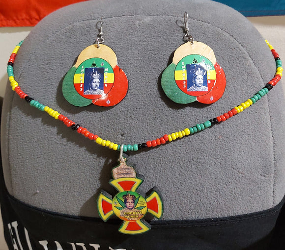 Rasta earring and necklace/Ethiopian Empress custom jewelry/Empress Menen Asfaw carved wooden earring and pendant/Rasta souvenir