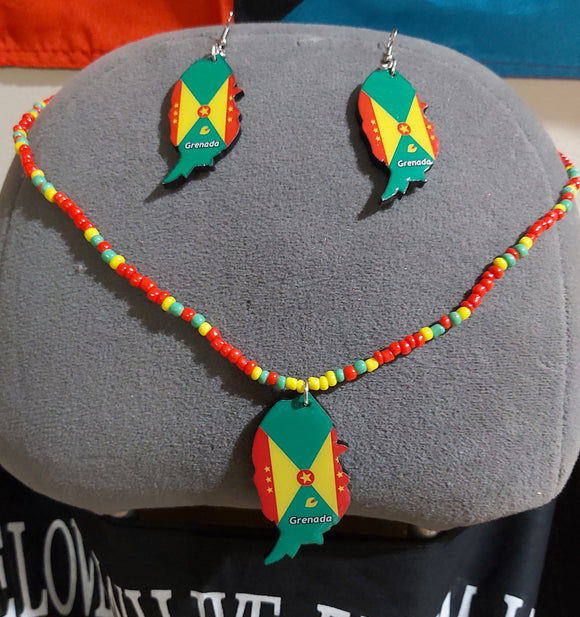 Grenada map flag pendant necklace and earring/Handcrafted Grenadian beaded fashion jewelry