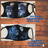 Wolf face mask/Glow in the dark/3D graphic design/Native inspired clothing/Reusable/100% cotton/2 layers & open pocket/Moonlight wolf mask
