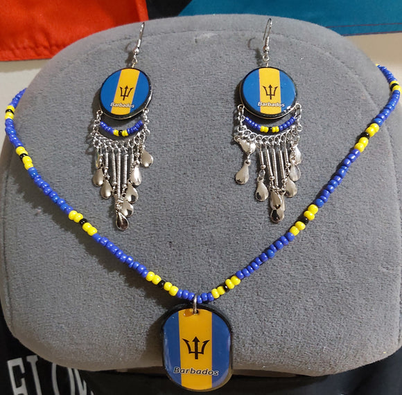 Barbados flag pendant necklace and earring/Bajan unisex beaded handmade jewelry