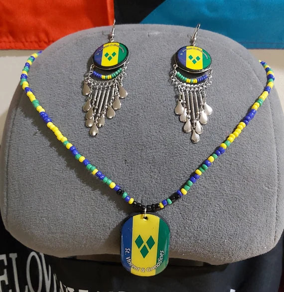 St Vincent and the Grenadines flag beaded necklace and earring